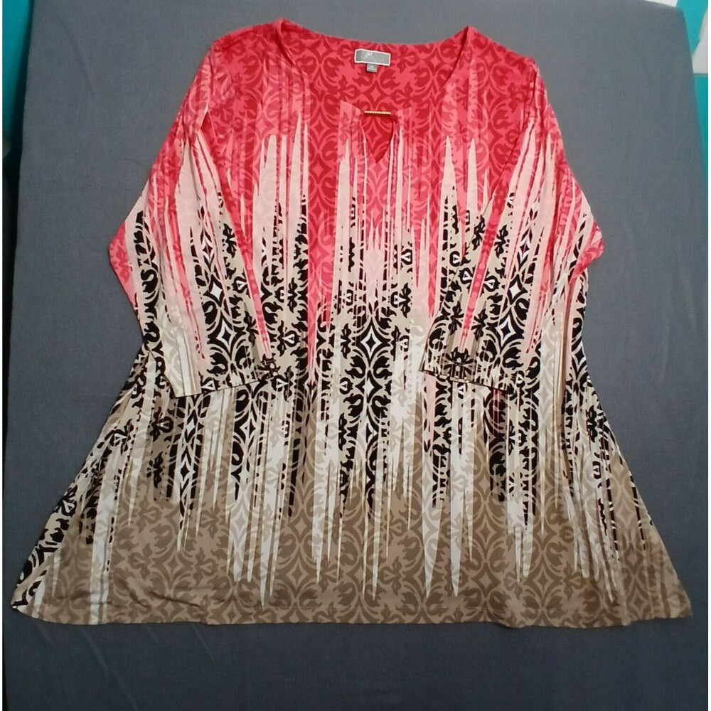 JM Collection Blouse Women 3X Pink All Over Print 3/4 Sleeve Keyhole Neck Boho